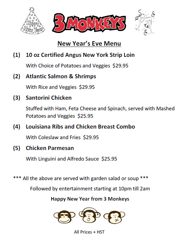 3 Monkeys New Year Eve Dinner Menu